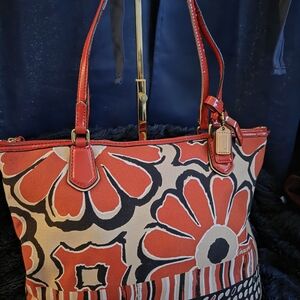 Coach Floral Canvas Tote Orange/Red Patent Leather Trim Shoulder Bag